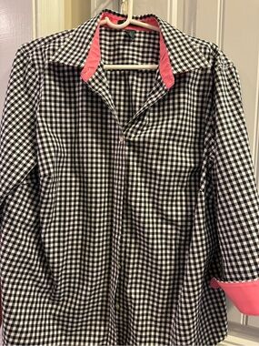 Ralph Lauren Black & White Gingham Button-Down with Pink Trim. Stain on front